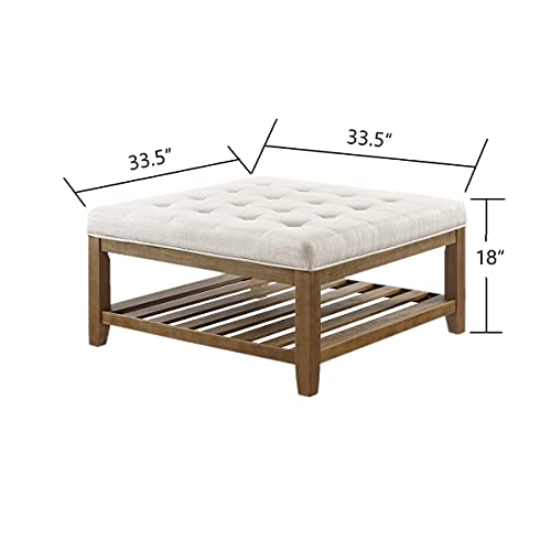 Large Square Upholstered Tufted Linen Ottoman Coffee Table, Large Footrest Ottoman with Solid Wood Shelf-Ivory