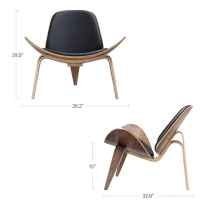 Furgle Mid Century Modern Shell Lounge Chair, PU Leather, Tripod Plywood Classic Design Solid Wood Accent Chairs for Living Room, Reading, Lounge, Office, Salon(Walnut)