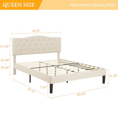 Queen Size Platform Bed Frame with Fabric Upholstered Headboard and Wooden, view 3