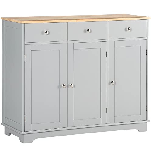 Sideboard Buffet Cabinet with Solid Wood Countertop, Modern Kitchen Storage Cabinet, Coffee Bar Cabinet with 3 Drawers, Doors and Adjustable Shelf, Gray