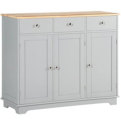 Sideboard Buffet Cabinet with Solid Wood Countertop, Modern Kitchen Storage Cabinet, Coffee Bar Cabinet with 3 Drawers, Doors and Adjustable Shelf, Gray