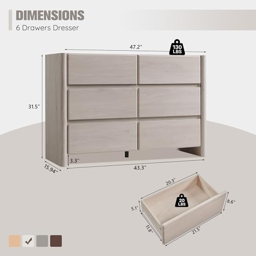 Modern 6 Drawers Dresser for Bedroom, 47" Wide Dresser-Cream, view 4