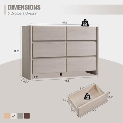 Modern 6 Drawers Dresser for Bedroom, 47" Wide Dresser-Cream, view 4