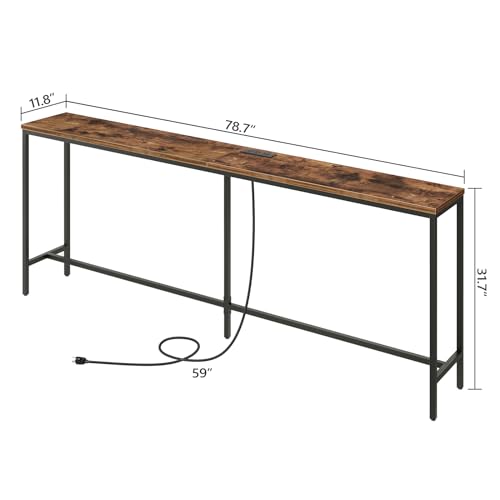 78.7" Console Table with Power Outlet, 11.8" Wide Narrow Sofa Table, Industrial Entryway Table with USB Ports, Behind Couch for Entryway, Hallway, Foyer, Living Room, Rustic Brown CTHR320E01