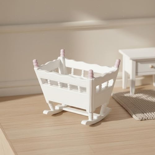 Dollhouse Cradle Miniature Rocking Bed Wooden Infant Furniture Spindle Rail Nursery Crib Realistic Design Suitable for Diorama Project Collector Display Bedroom Scene, Pink