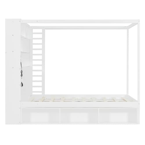 Full Size Wooden Canopy Bed Frame with Bookcase Headboard,USB Outlets, view 8