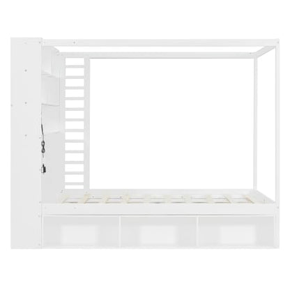 Full Size Wooden Canopy Bed Frame with Bookcase Headboard,USB Outlets, view 8