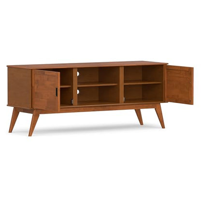 Draper TV Stand - 60 inch Wide Solid Wood Low Media Console in Teak Brown, Mid Century Modern Entertainment Center for Living Room for TVs up to 65 Inches with Cabinets and Cable Management