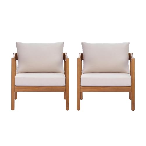 5 Piece Outdoor Acacia Wood Patio Furniture Set Lounge Chairs Coffee Table 3 Seater Sofa Deep Seating Conversation Set Teak Finish Beige Cushion