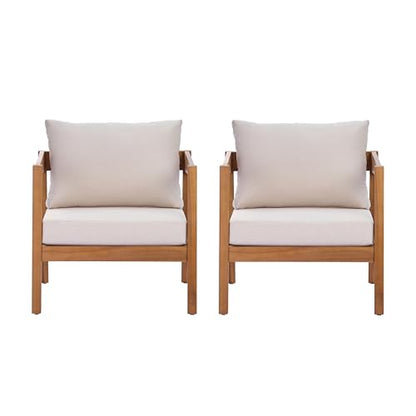 5 Piece Outdoor Acacia Wood Patio Furniture Set Lounge Chairs Coffee Table 3 Seater Sofa Deep Seating Conversation Set Teak Finish Beige Cushion