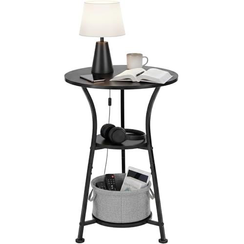 Small Round End Table for Narrow and Small Space, 3-Tier Round Accent Couch Beside Table, Modern Side Table Corner Sofa Table Nightstand for Living Room Bedroom,Black