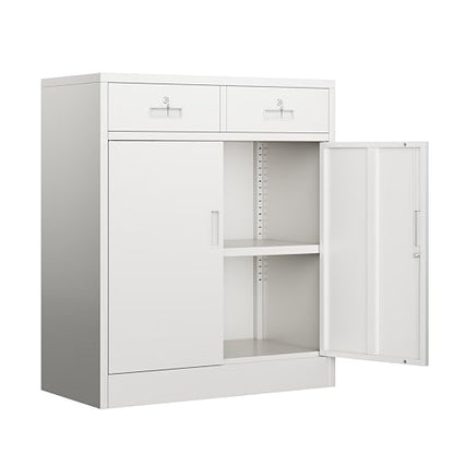 Metal Garage Storage Cabinet with Two Lockable Drawers 2 Locking Doors and an Adjustable Shelf, 36" White Metal Short Storage Cabinet for Home Office, Garage,School,Utility Room