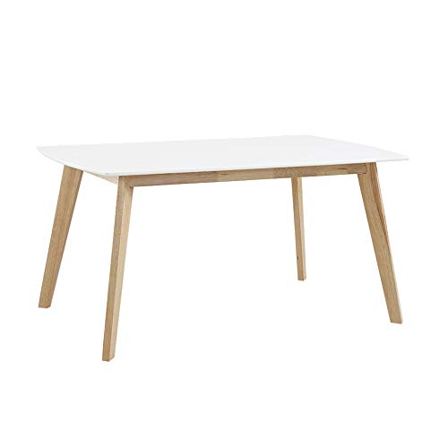 Mid Century Modern Wood Table Dining Room Kitchen Set Dining Chairs, 60 Inch, 6 Person, White and Natural
