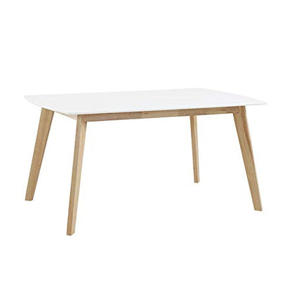 Mid Century Modern Wood Table Dining Room Kitchen Set Dining Chairs, 60 Inch, 6 Person, White and Natural