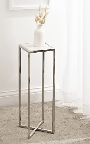 Jaspur Modern Glam Drink Table, 7 x 7 x 21, White and Silver, Decorative Metal and Marble Accent Martini Cocktail Table for Display and Storage