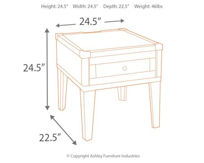 Dark gray industrial square end table with drawer and charging ports, view 4