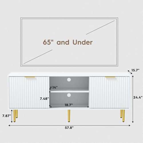 58'' Fluted TV Stand, Mid-Century Modern TV Console for 65/70/75 Inch TV, Wood Entertainment Center with Storage, Sliding Doors, Adjustable Shelves and Media Console for Living Room, Bedroom, White