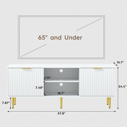 58'' Fluted TV Stand, Mid-Century Modern TV Console for 65/70/75 Inch TV, Wood Entertainment Center with Storage, Sliding Doors, Adjustable Shelves and Media Console for Living Room, Bedroom, White