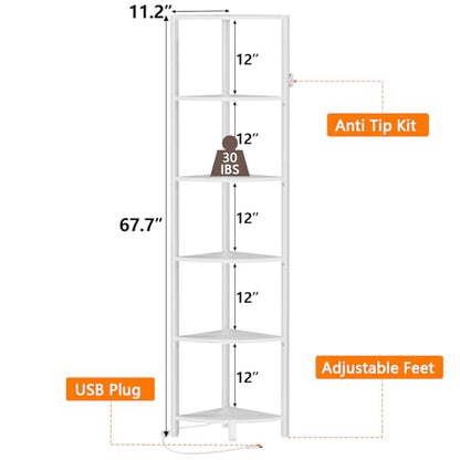 6 Tier Corner Shelf with LED Light, 67.5” Tall Standing Shelf Organizer, White Narrow Bookshelf with Storage Rack for Wall Corner, Living Room, Bedroom, Metal Frame, Wood Display Shelf