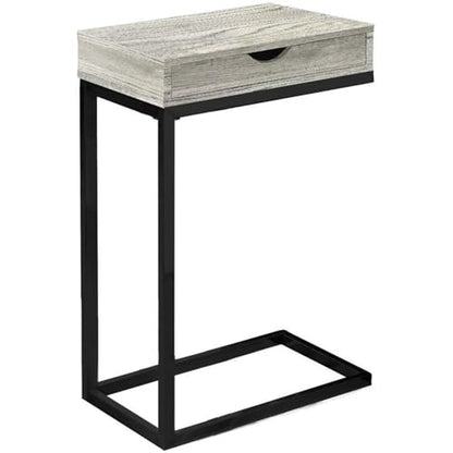 C-Shaped Accent Table with Drawer, Gray Reclaimed Look, 24.5" H x 15.75" W, Driftwood Finish, Sturdy Metal Base, Versatile Furniture for Living Room or Bedroom Use