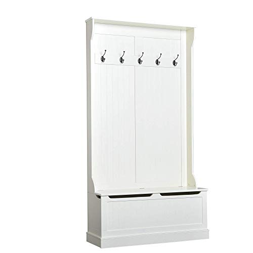 Hall Tree with Bench and Shoe Storage 3-in-1 Coat Rack Cream White, view 2