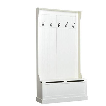 Hall Tree with Bench and Shoe Storage 3-in-1 Coat Rack Cream White, view 2