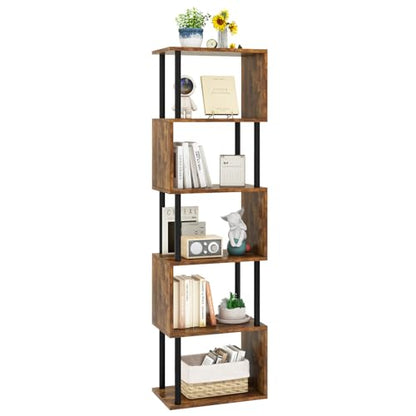 6-Tier Tall Bookshelf,S-Shaped Geometric Bookcase,Brown WBC016H | Wood Display Shelves with Storage Industrial Decorative Storage Shelving for Living Room Bedroom Home Office