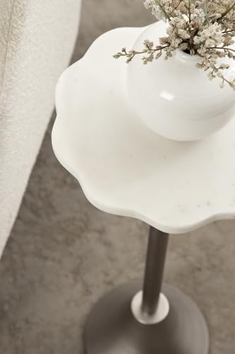 Sanzo Modern Pedestal Drink Table; 10 x 10 x 23; White Marble and Silver; Decorative End Table with Scalloped Marble Tabletop for Use as Small Plant Stand or Cute Martini Table