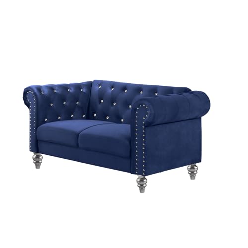 Chesterfield Velvet Sofa and Loveseat Set - 2 Piece Living Room Furniture Set Royal Blue