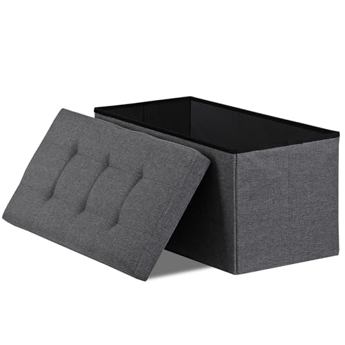 30Inches Storage Ottoman Bench, Folding Footrest Padded Seat, Storage Chest Long Shoes Bench with Divider, Holds up to 660 lbs, for Living Room, Entryway, Bedroom, Dark Gray