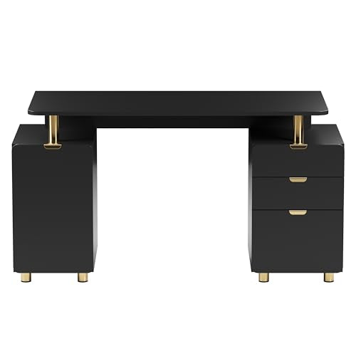 57"W Computer Desk w/ 3 Drawers & Storage Cabinet, Black/Gold, view 6