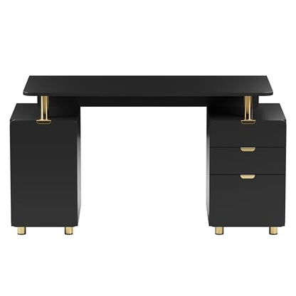 57"W Computer Desk w/ 3 Drawers & Storage Cabinet, Black/Gold, view 6