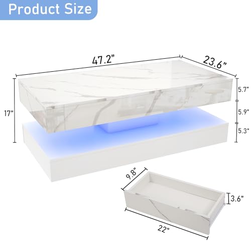 47.2" Large High-Glossy LED Coffee Table with 2 Sliding Drawers, Living Room Storage Coffee Tables with Marbling Print, Modern Stylish Double-Layer Center Tables w/LED Lights, White