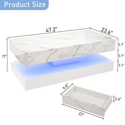 47.2" Large High-Glossy LED Coffee Table with 2 Sliding Drawers, Living Room Storage Coffee Tables with Marbling Print, Modern Stylish Double-Layer Center Tables w/LED Lights, White