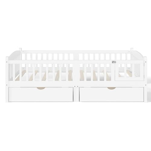 JIVOIT Twin XL Platform Bed with Full-Length Guardrails, Low Platform Bed with Two Drawers, Wood Slats Support, Cute & Childlike Headboard Design, No Box Spring Needed (White,Twin XL,6)
