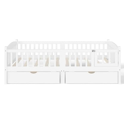JIVOIT Twin XL Platform Bed with Full-Length Guardrails, Low Platform Bed with Two Drawers, Wood Slats Support, Cute & Childlike Headboard Design, No Box Spring Needed (White,Twin XL,6)