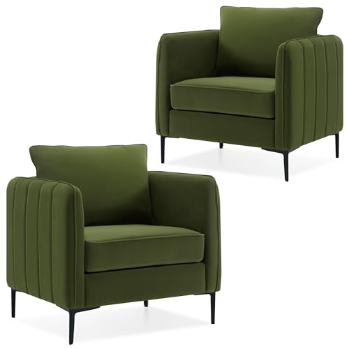 Olive Green Velvet Accent Chairs Set of 2, Modern Upholstered Accent Chair Comfy Velvet Armchair with Thick Cushion and Wood Frame, Single Sofa/Side Chair for Living Room Bedroom Office