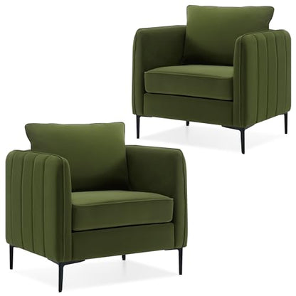 Olive Green Velvet Accent Chairs Set of 2, Modern Upholstered Accent Chair Comfy Velvet Armchair with Thick Cushion and Wood Frame, Single Sofa/Side Chair for Living Room Bedroom Office