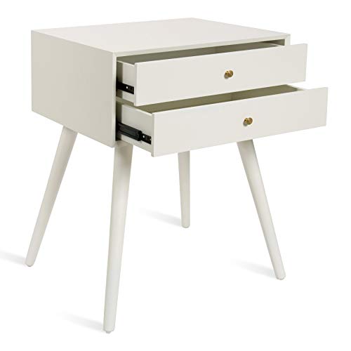 Finco Midcentury Modern Style Side Table with 2 Drawers, White Finish with Brass Hardware