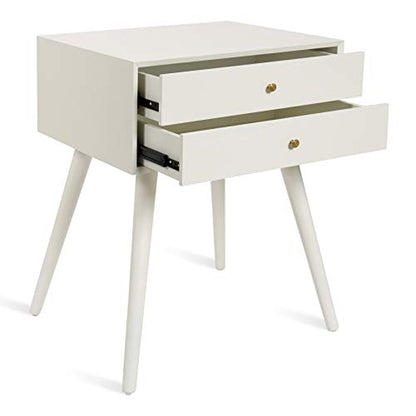 Finco Midcentury Modern Style Side Table with 2 Drawers, White Finish with Brass Hardware