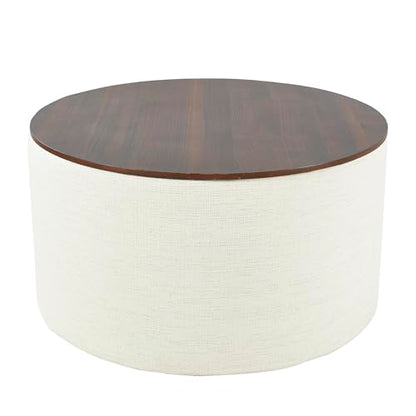 Modern Fabric Storage Ottoman with Wood Top - Stain-Resistant Cream Woven 30 x 30 inch