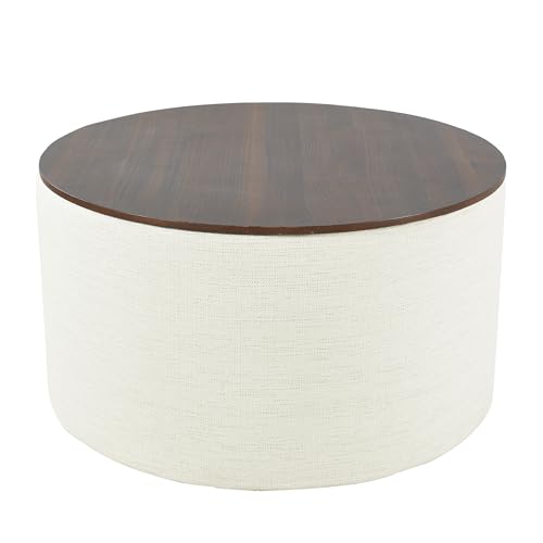Modern Fabric Storage Ottoman with Wood Top - Stain-Resistant Cream Woven 30 x 30 inch