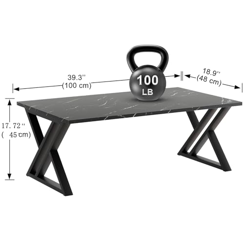 Coffee Table Living Room Table Black Center Table, Simple Modern Faux Marble Rectangular Tea Table with Sturdy Black-Finished Metal Frame,Industrial Wooden Coffee Table for Bedroom Home Office