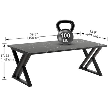 Coffee Table Living Room Table Black Center Table, Simple Modern Faux Marble Rectangular Tea Table with Sturdy Black-Finished Metal Frame,Industrial Wooden Coffee Table for Bedroom Home Office
