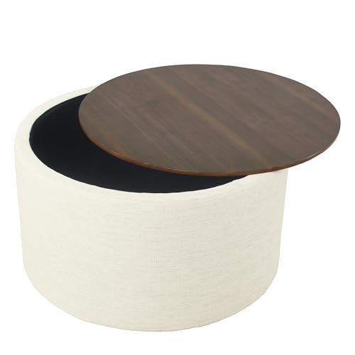 Modern Fabric Storage Ottoman with Wood Top - Stain-Resistant Cream Woven 30 x 30 inch