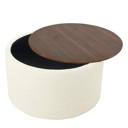 Modern Fabric Storage Ottoman with Wood Top - Stain-Resistant Cream Woven 30 x 30 inch