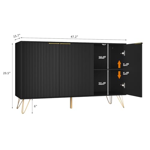 Storage Cabinet with 3 Doors, Sideboard Buffet Cabinet with Storage, Coffee Bar Cabinet with Metal Legs and Adjustable Shelf for Kitchen, Dining Room, Living Room, Office, Black