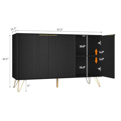Storage Cabinet with 3 Doors, Sideboard Buffet Cabinet with Storage, Coffee Bar Cabinet with Metal Legs and Adjustable Shelf for Kitchen, Dining Room, Living Room, Office, Black