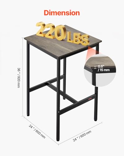 Bar Table, Sturdy Metal Frame High Top Pub Table, Small Kitchen Dining, Cocktail Coffee Counter Bar Height Desk, Easy to Assemble, 24x24x36 in, for Living Room Party, Rustic Brown and Black