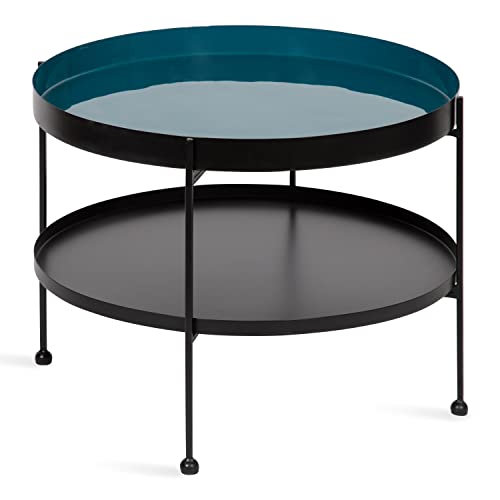 Nira Modern Round Two Tier Coffee Table; 26 Inch Diameter; Teal and Black; Decorative Glam Coffee Table for Storage and Display